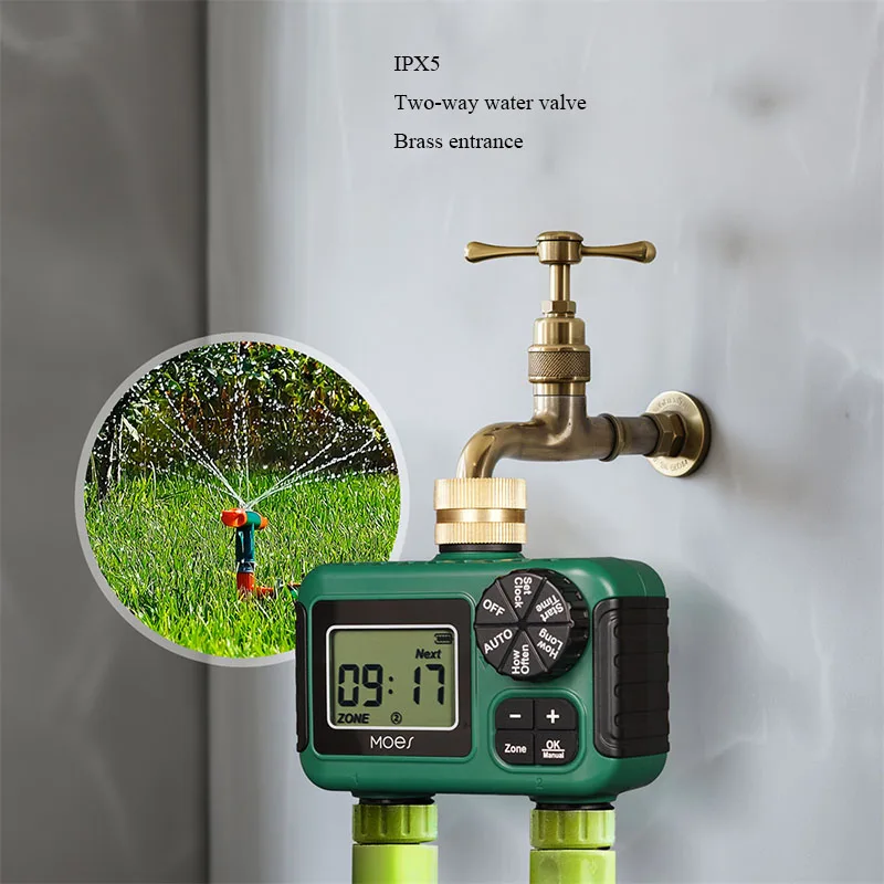 2-Outlet Water Timer Brass Inlet Irrigation System Rotary Knob Control Garden Sprinkler With LCD Display Rain Delay Child Lock