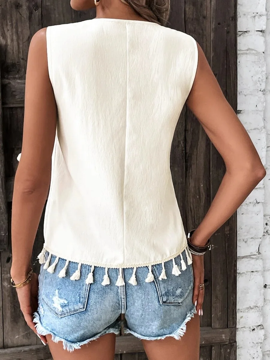 Verano de las mujeres estilo étnico con cuello en V bordado Patchwork inferior bigote chaleco Top Vintage blusa sin mangas camisetas sin mangas 2024