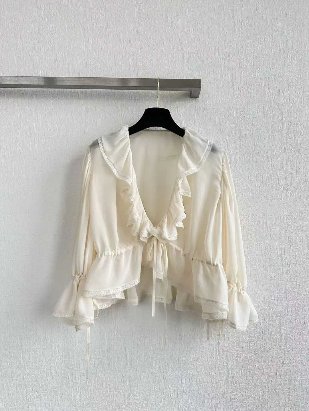 

Real silk ruffle blouse women ruched neck lace trim elegant shirt adjustable waist drawstring casual chic top