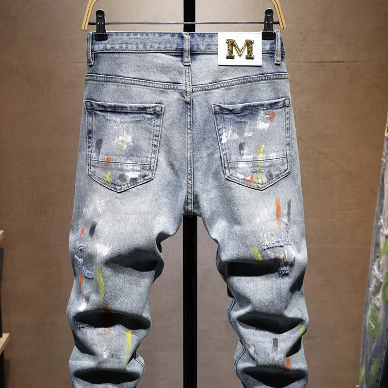 Street Designer Fashion Men Jeans Retro Blue Stretch Slim Fit Painted Ripped Jeans Men Hip Hop Vintage Y2K Denim Pants Hombre