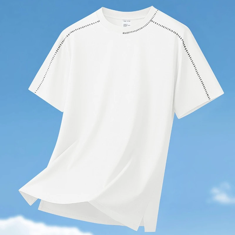 Men's Silky Modal Fishbone Line Short Sleeve T‑Shirts 10A Antibacterial Cool Breathable Soft Daily Wear Crew Neck Tops