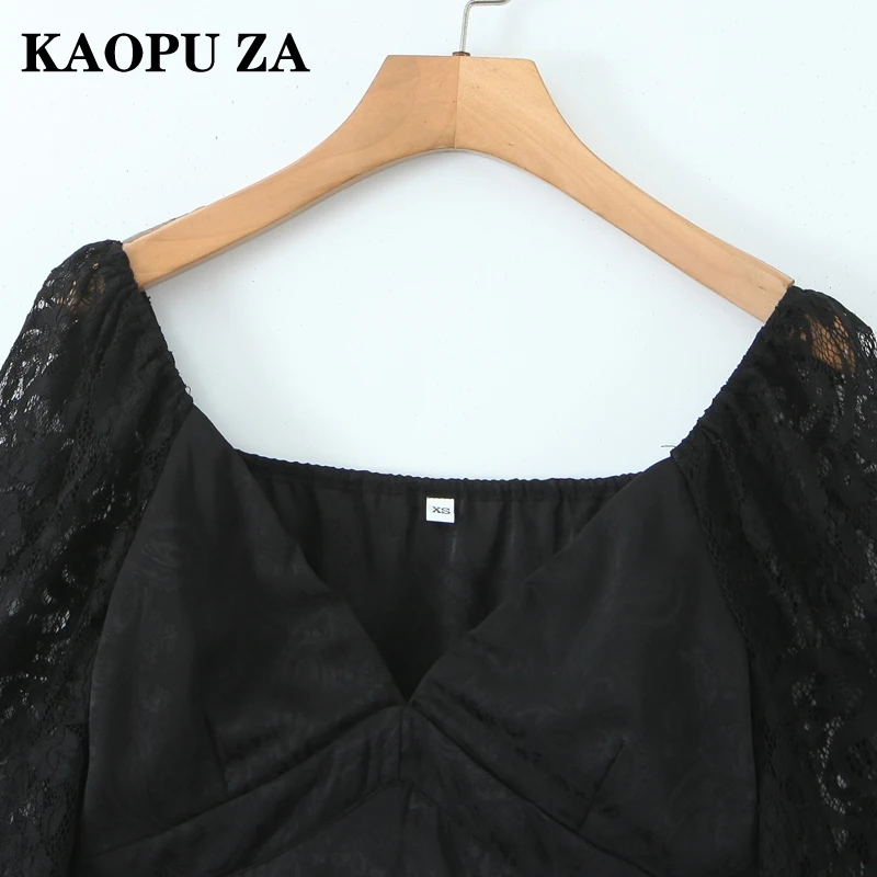 KAOPU ZA 2025 Zomer Vrouw Elegante Top Jurken Trendy Vrouwelijke V-kraag Mini Rok Ruches Regular Fit Kant Lange mouw Jurk