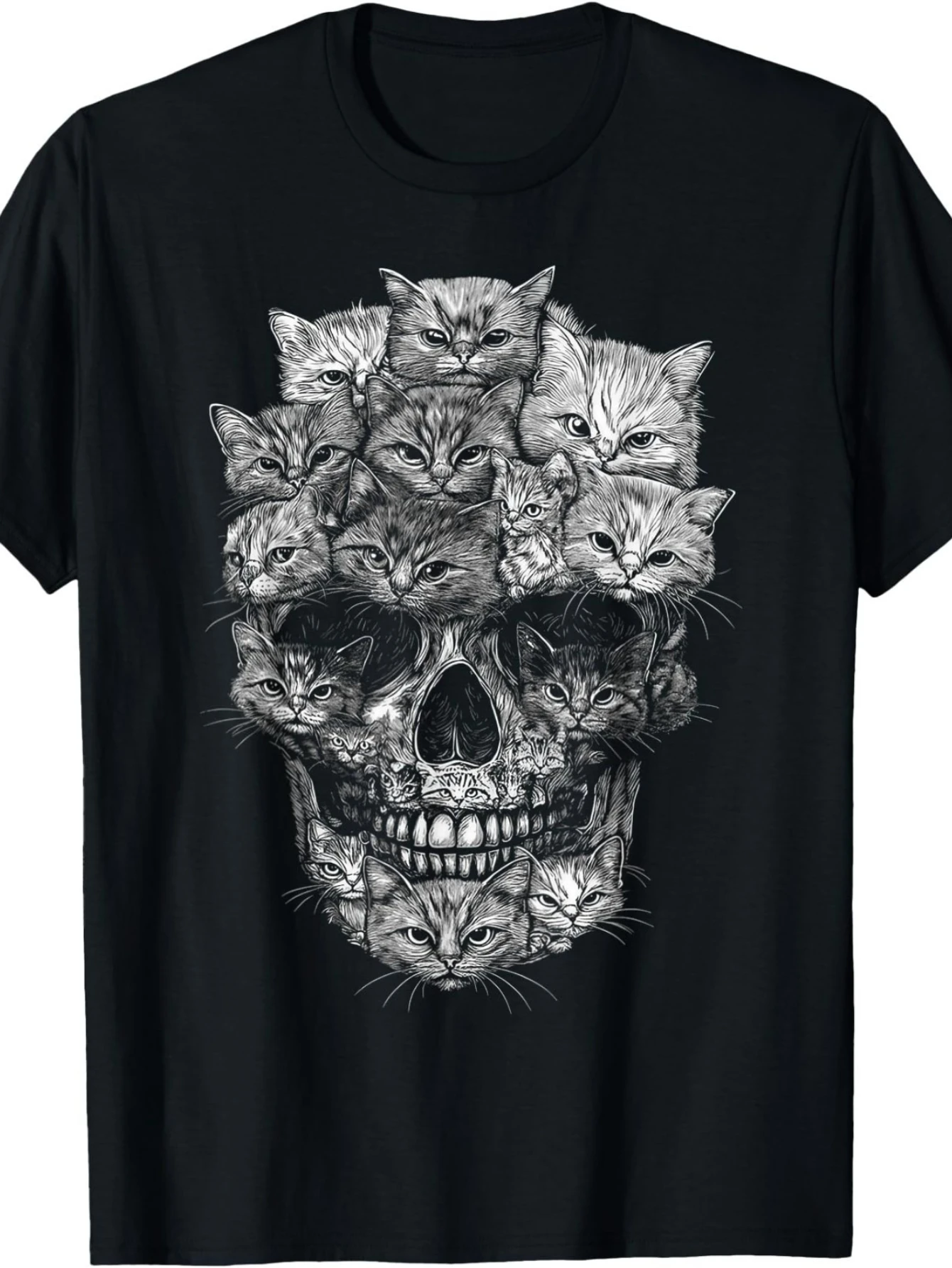A T-Shirt| Featuring a Cat Skull Design · Suitable for Everyone| With a Casual Crew Neck And Short Sleeves · Made from Comfortable · This Trendy Top Is Perfect for Any Season · Offers Slight Stretch And Fits All Body Shapes