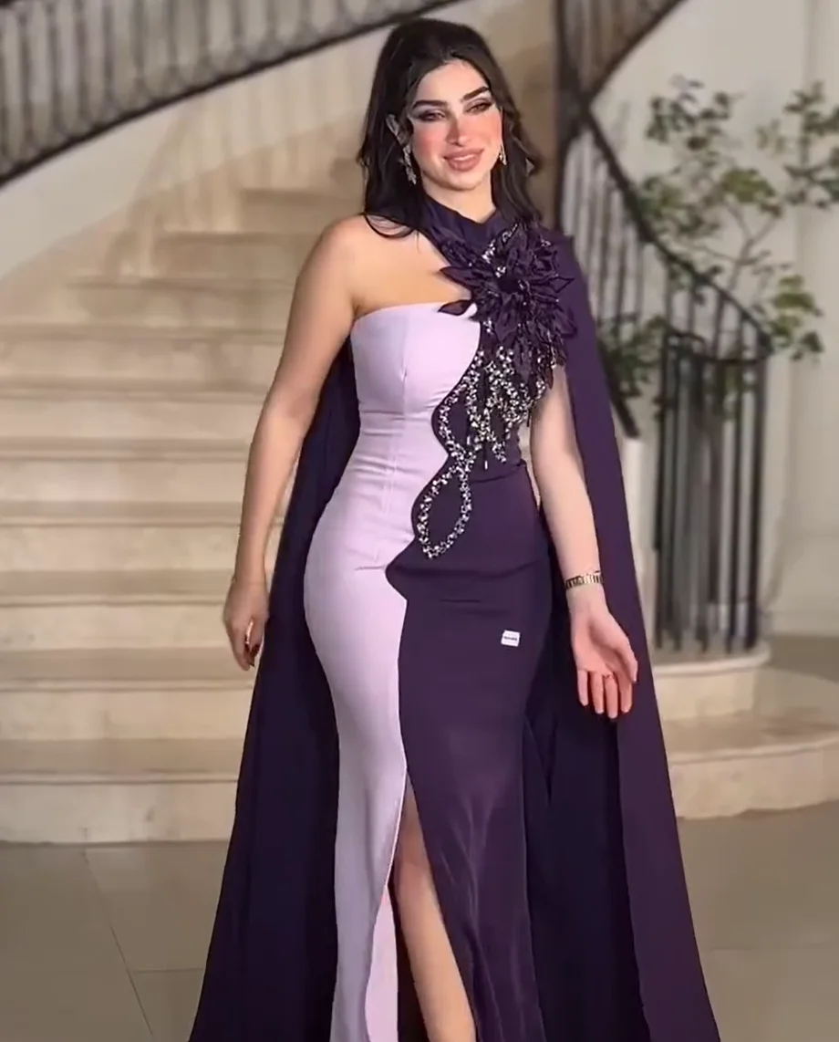 Fioletowe Sukienki Balowe Syrenka na Jedno Ramię z Kryształami, Długie dla Arabskich Kobiet 2026, Z Koralikami i Kwiatami, Formalne Suknie Wieczorowe Szyte na Miarę