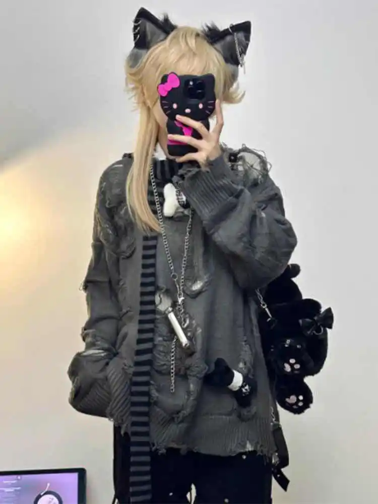 2025秋冬 レディース グランジ系 原宿風 Oネック 長袖 バディスタイル セーター デザインニット オーバーサイズ 2000年代 ゴブリンコア 新作