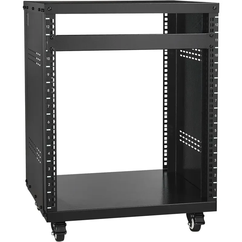 12U AV Rack Stand with Caster Wheels Component Rack Cabinet Recording Studio Racks Removable Side Panels Universal Network