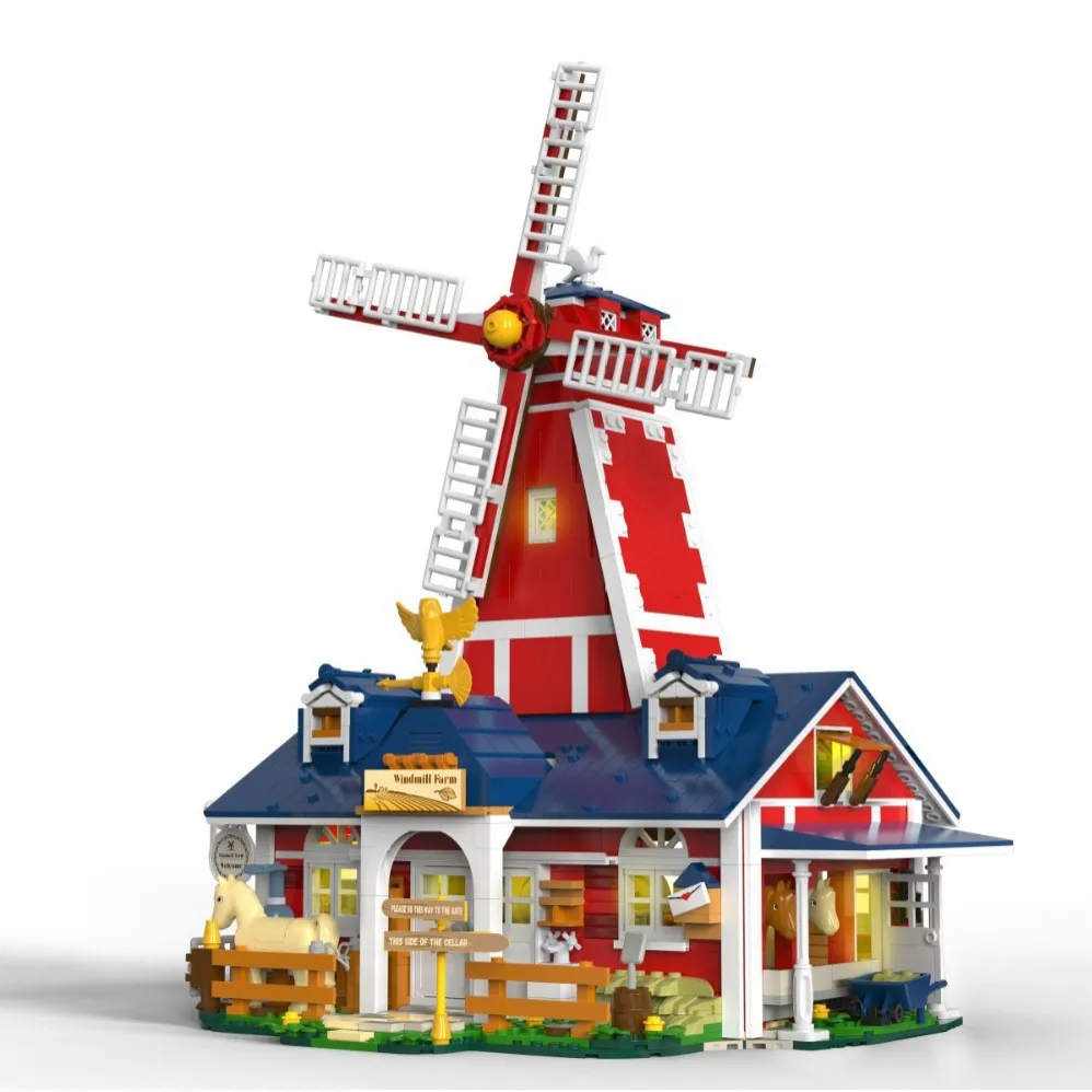

MOC Windmill Farm House Building Block Set Garage Stable Ranch Hut With Light Toy For Children Birthday Holiday Special Day Gift