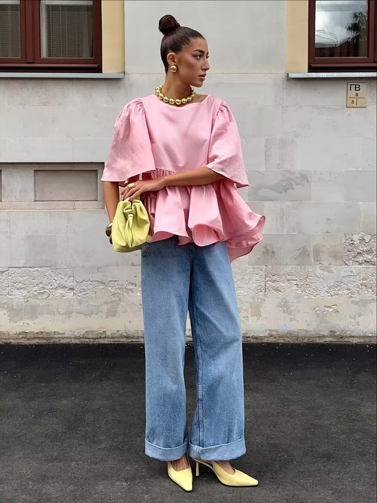 

Sweet Pink Satin Ruffle Short Sleeve Top Women Chic Round Neck Patchwork Loose Pleated A-line Tops Lady High Street Fashion Wear