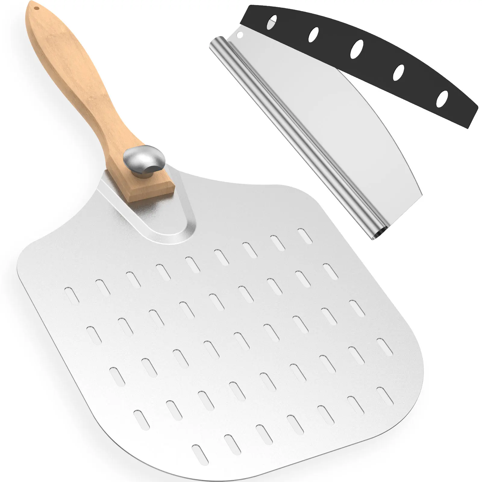 1/2Pcs Pizza Transfer Spatula Perforated Pizza Paddle with Rocker Cutter Multipurpose Pizza Turner Peel with Pizza Cutter