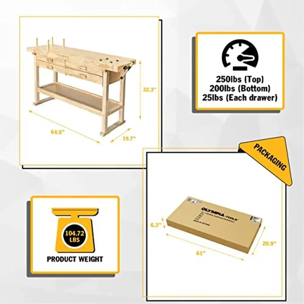 Workbench ไม้ 60 นิ้วไม้ยาง 4 ลิ้นชัก 450lbs ความจุโรงรถ Home Workshop Bench