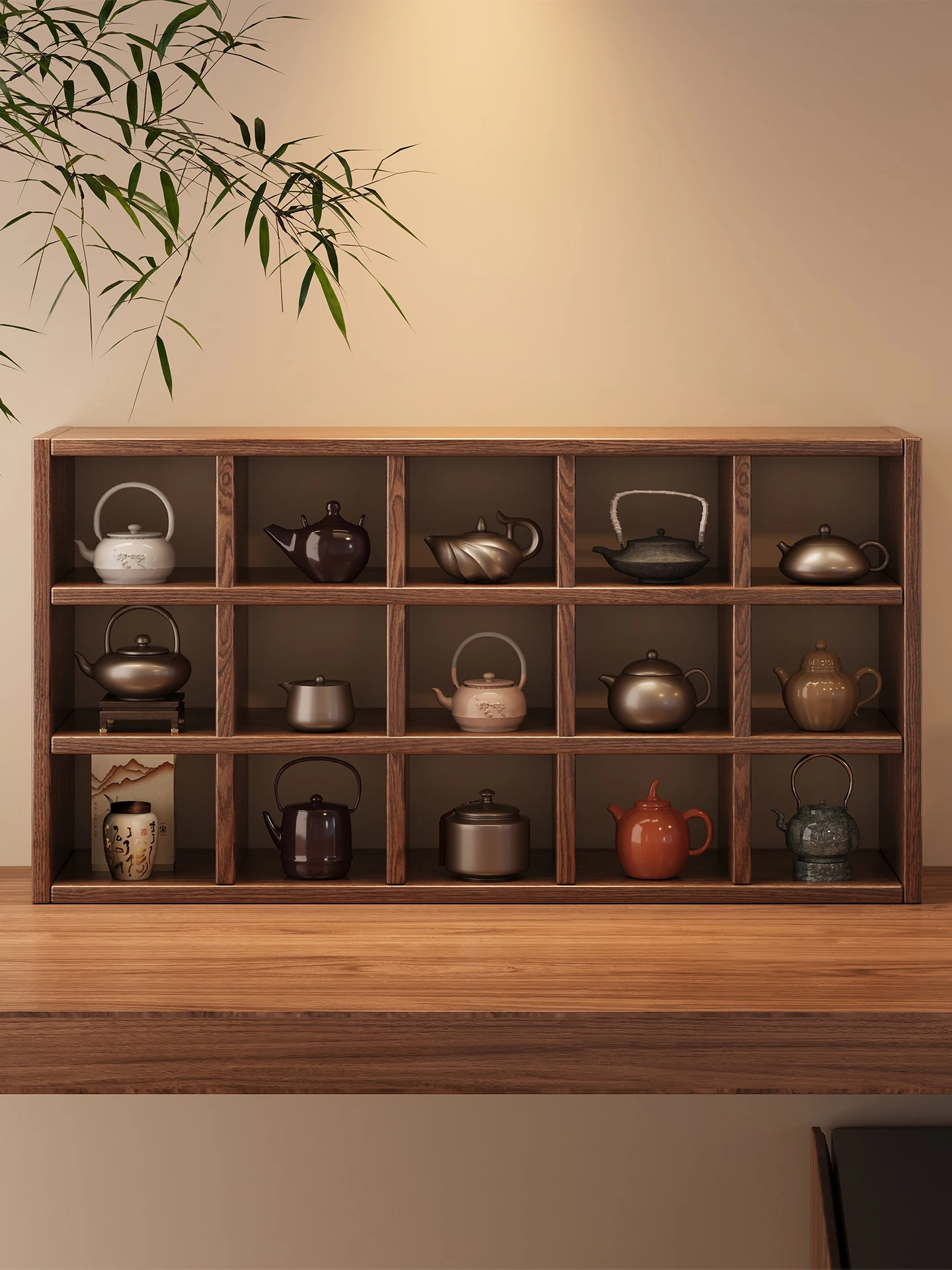 Simple  Wood Tea Cup Storage Rack Home Grid Display Shelf Tea Room Tea Set Teapot Cup Holder Wall Mounted Organizer