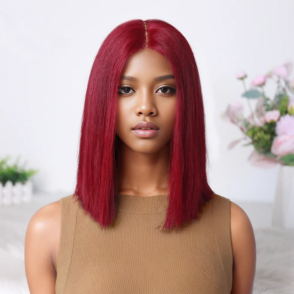 

2x6 Deep Part Short Bob Lace Closure Wig 99J Burgundy Red 250% Density Double Drawn Brazilian Straight Human Hair Wigs for Women