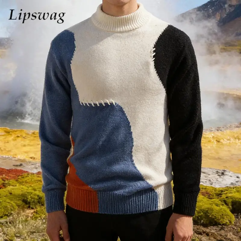 

Stylish Patchwork Mens Sweaters Autumn Winter New Casual Long Sleeve Turtleneck Sweater For Men Daily Leisure Slim Jumper Tops