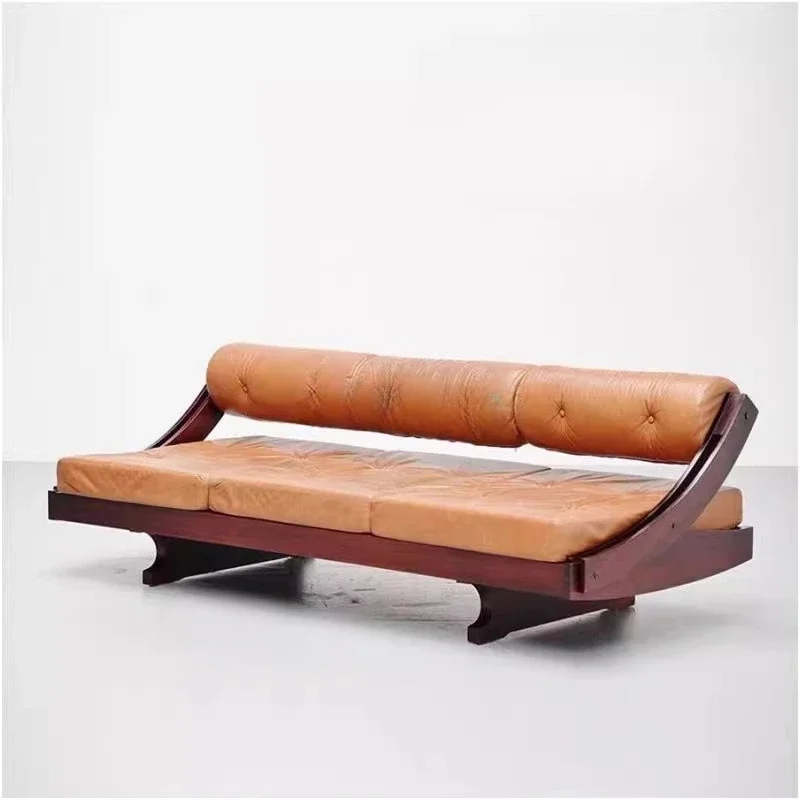 Solid wood sofa retro leather sofa modern simple three-person roller sofa