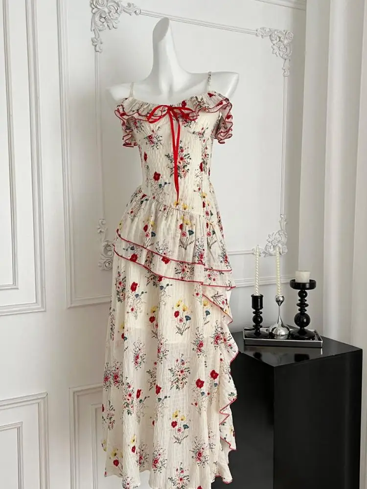 

Summer Women Sweet Two-piece Set Beige Floral Patchwork Off Shoulder Ruffle Edge Backless Lace-up Tops And High Waist Long Skirt