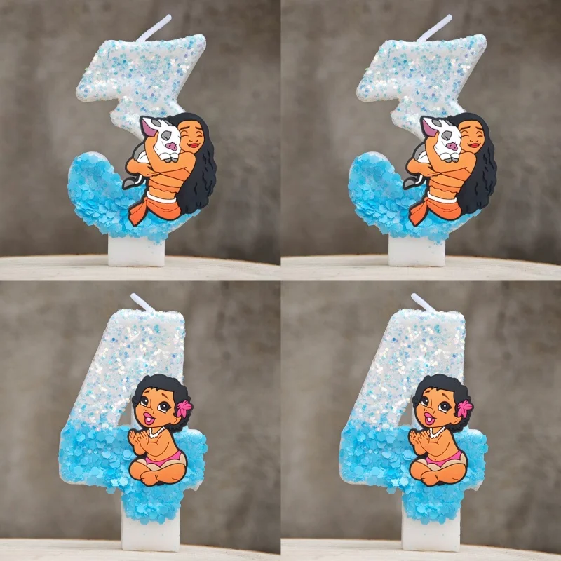 Vela de Moana de aventuras oceánicas, dibujos animados 3D, número 0-9, suministros de decoración de pastel de cumpleaños para niños, suministros de accesorios de fiesta de Anime