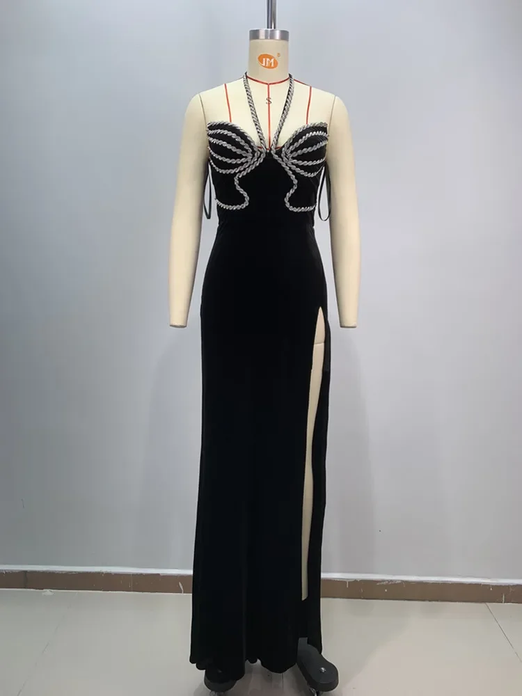 2024 New Luxury Sexy Backless Halter Diamonds Sparkly Black Maxi Long Women Celebrity Dress Elegant Party Evening Club Vestido