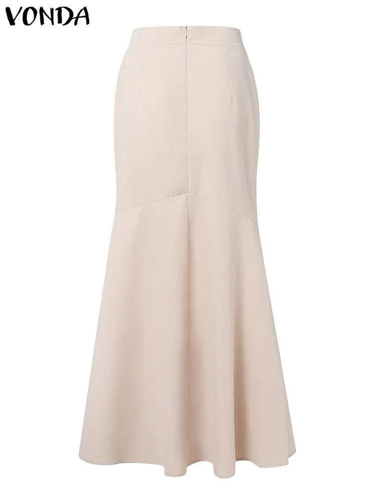 VONDA Elegant Office Lady Fishtail Skirt Women Summer High Waist Maxi Skirts 2025 Fashion Pleated Solid Color Long Skirt Street