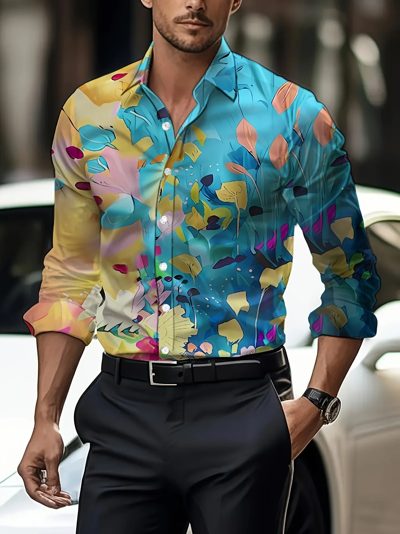 Men\'S Floral Print Long Sleeve Shirt Regular Fit, Single Breasted, Lapel Collar SpringFall Top Men\'s Clothing Men\'s Formal shirt