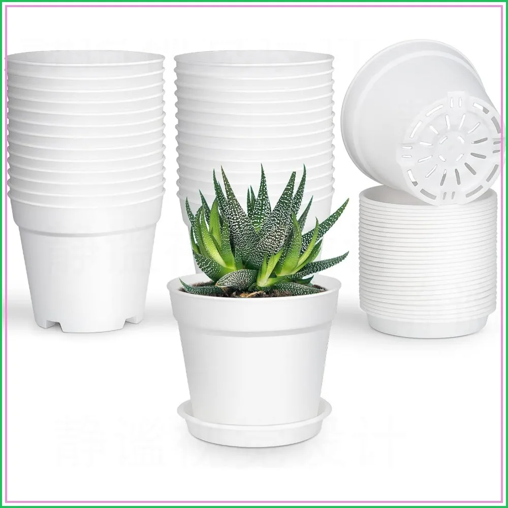 28 Pack 4 Inch Small Plant Pots with Drainage Holes and Saucers, Plastic Planters for Indoor Plants, Succulents, Seed Starting, White