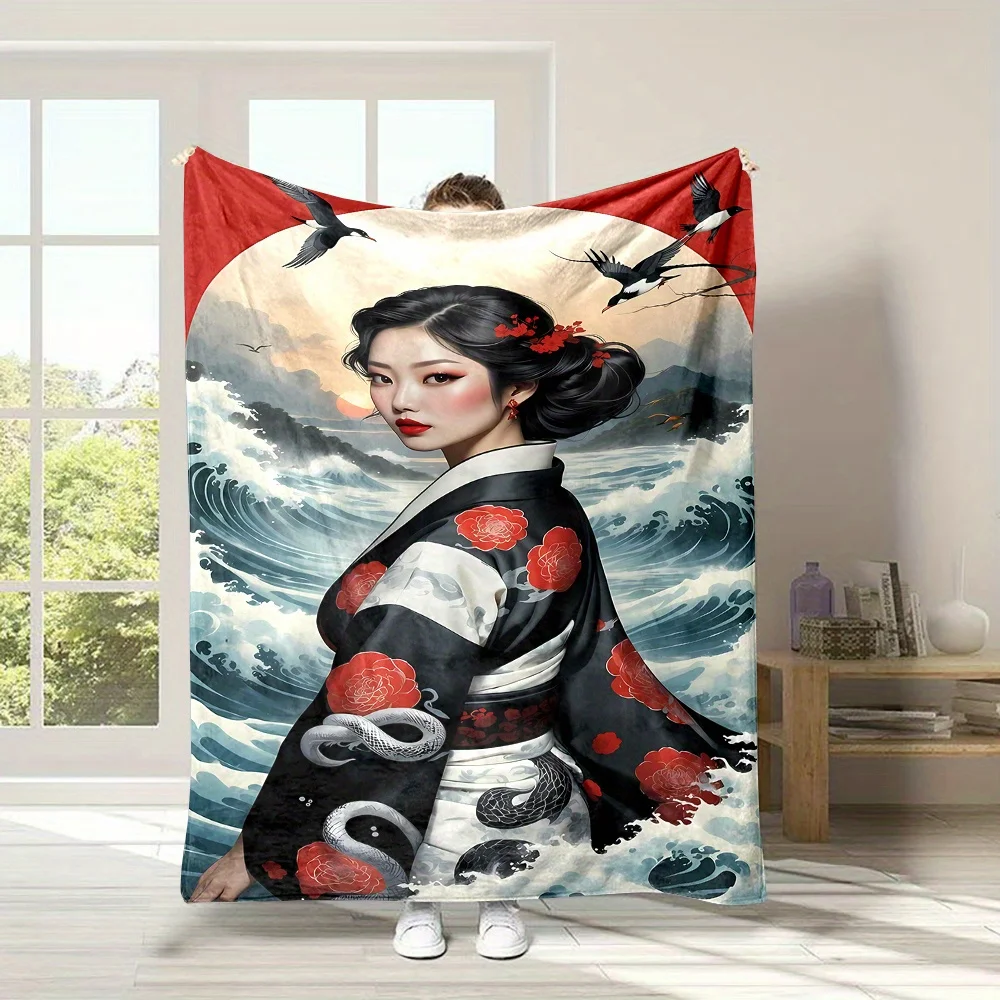 Vintage Ukiyo-e Style Geisha Snake Wave Pattern Flannel Blanket Warm Cozy Printed Throw Blanket for Living Room Bedroom Travel