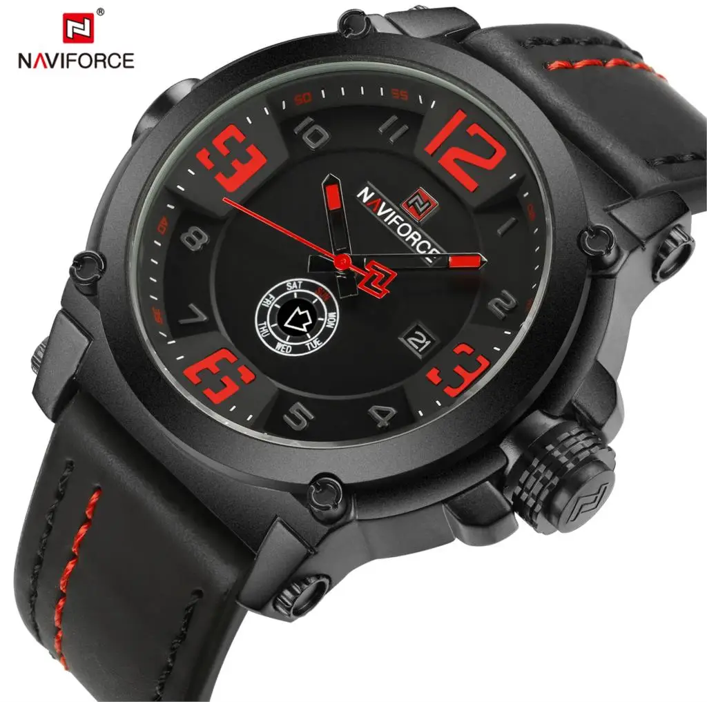 NAVIFORCE Fashion Sport 3ATM Waterproof Date Week Quartz Leather Men Watch Male Clock Hour Time Relogio Masculino 2018 Black New