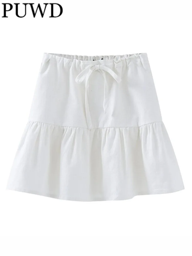 

PUWD Women Cotton Mini Skirts 2023 Summer Fashion Ladies Chic Vintage White Pleated High Waist Skirts Female Solid Color Bottoms