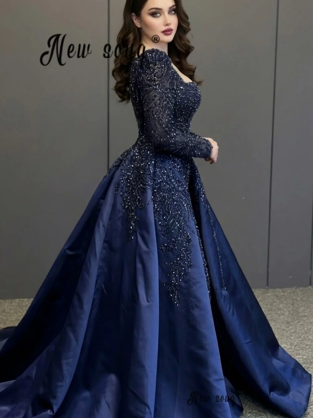 Navy Blue Beaded Prom Dresses With Overskirt 2 Pieces Long Sleeves Satin Bride Wedding Guest Gowns Plus Size Beading Customized
