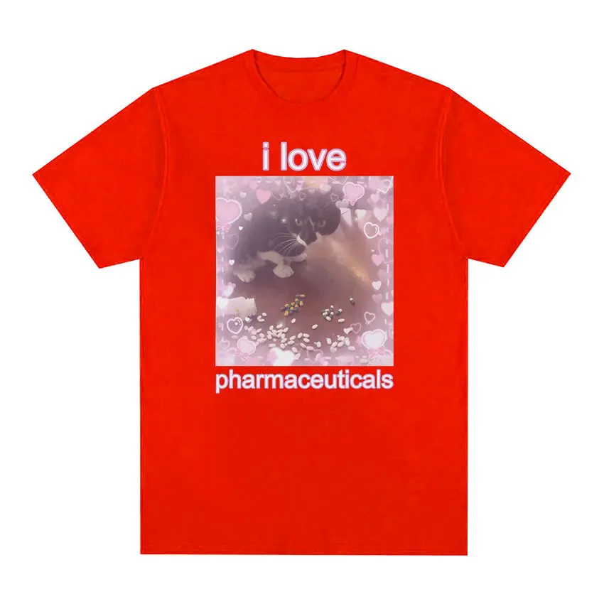 I Love Pharmaceuticals 귀여운 고양이 밈 그래픽 티셔츠, 재미있는 남녀공용 상의, 반팔 티셔츠, 100% 면, 오버사이즈 티셔츠