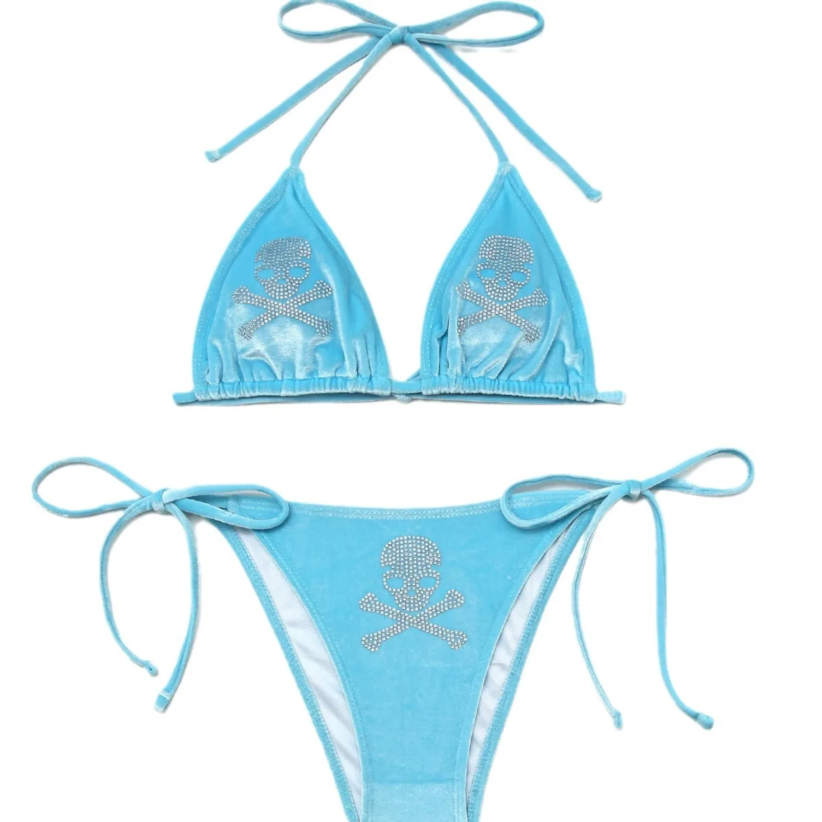 Sky Blue Velvet Skull Rhinestone Bikini Set Women Halter Tie Up Punk Gothic Two Piece Swimsuit Sparkly Diamond Bathing Swimwear