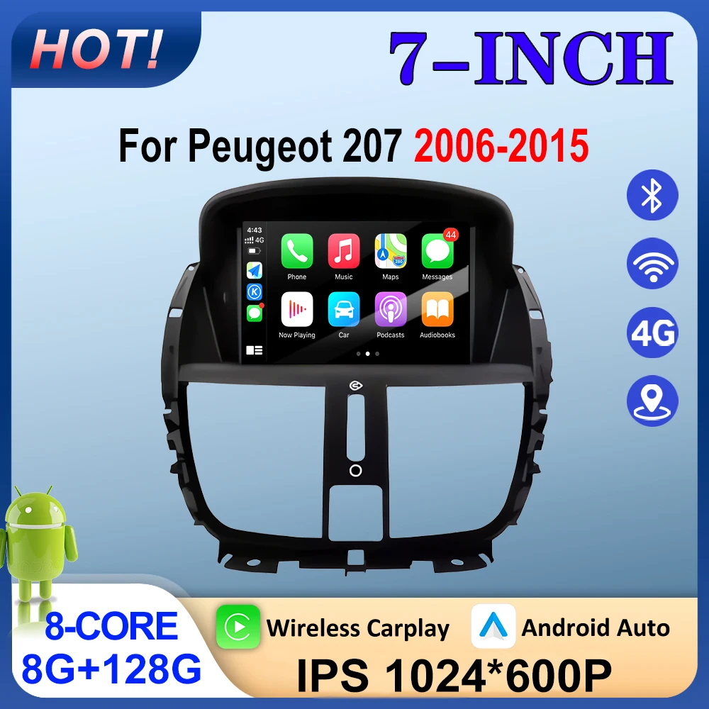 Android 16 Carplay Auto For Peugeot 207 2006-2015 4G WIFI GPS Navigation Lntelligent Multimedia Touch Screen BT