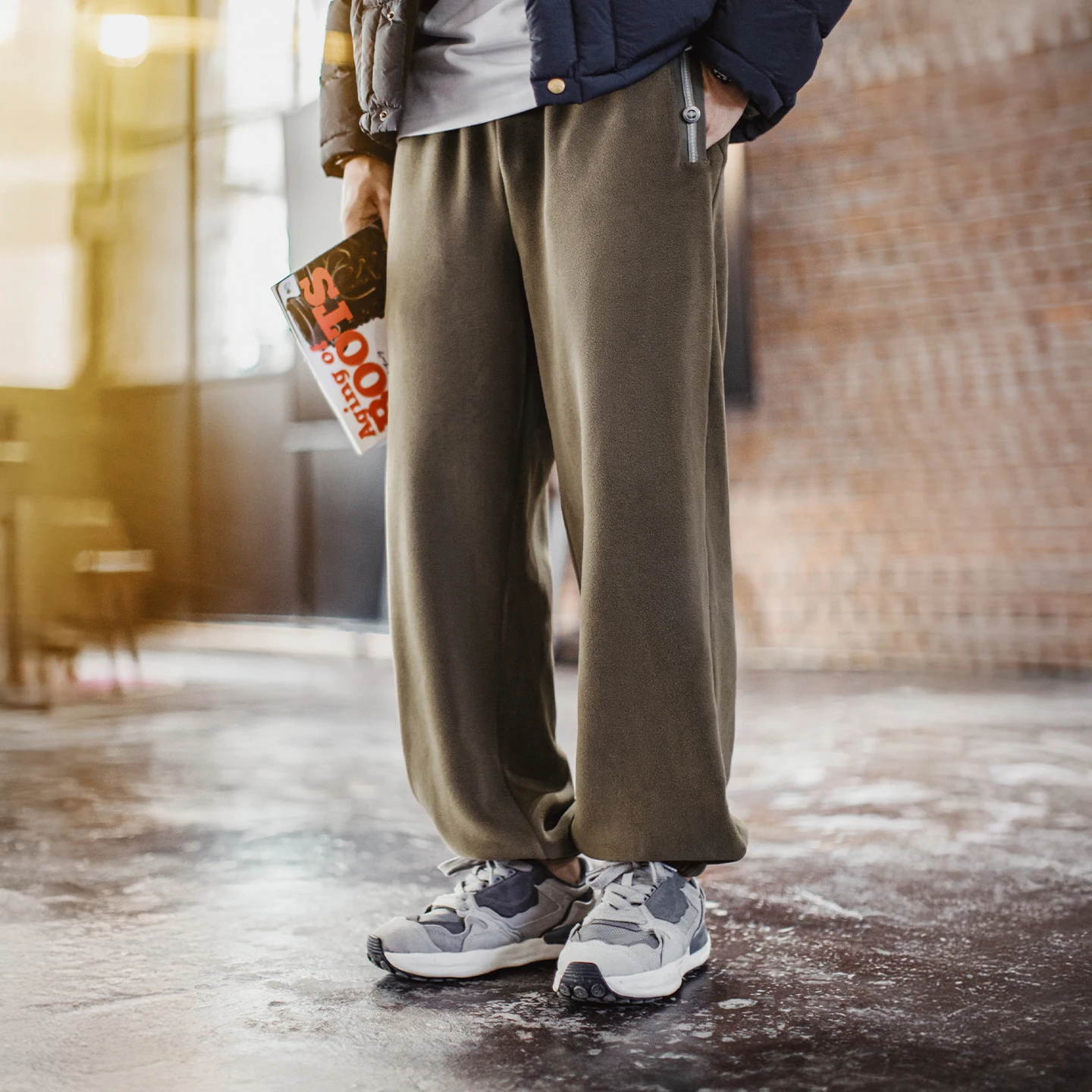 Maden الرجال نحى الصوف Sweatpants خمر الزيتون الأخضر الحراري السراويل مرونة الخصر مكبل سراويل تقليدية لخريف شتاء