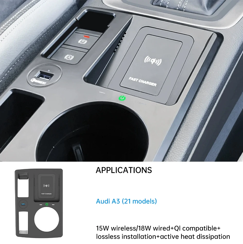 15W Car Wireless Charger Center Console Fast Phone Charging Panel For Audi Q3 2019-2023 LHD