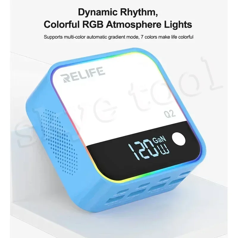 Relife Q2 120W 8-poorts Gan-oplader Dual PD/Dual QC/SCP met PD100W Opladen Intelligente oplaadbescherming voor elektronisch apparaat