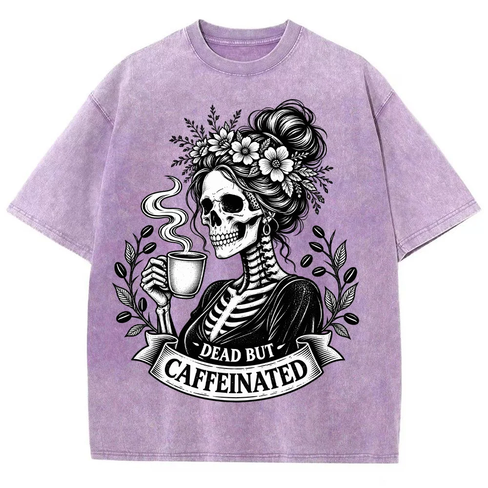 Women Gothic Skull Coffee Graphic T Shirt Dead But Caffeinated Floral Vintage Print Casual Short Sleeve Oversized  ﻿