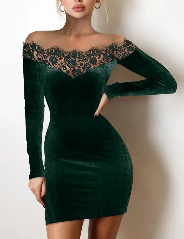 

Woman Sexy Velvet Bodycon Dress Off The Shoulder Semi-Sheer Eyelash Lace Design Women's Elegant Skinny Mini Party Dresses