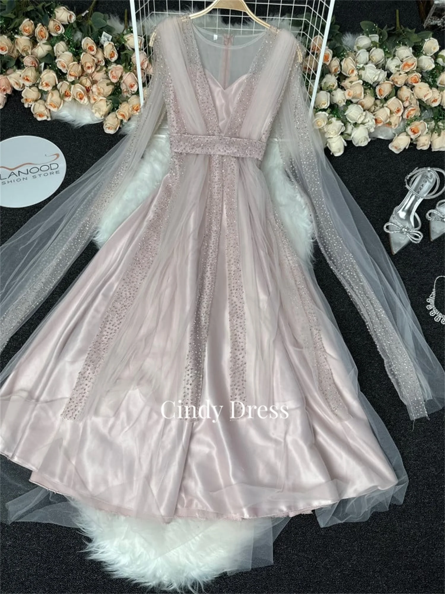 Wedding Guest Dresses Customized Women Mesh Woman\'s Evening Dress Pink Party Elegant Luxury Celebrity Pregnant Bead Embroidery