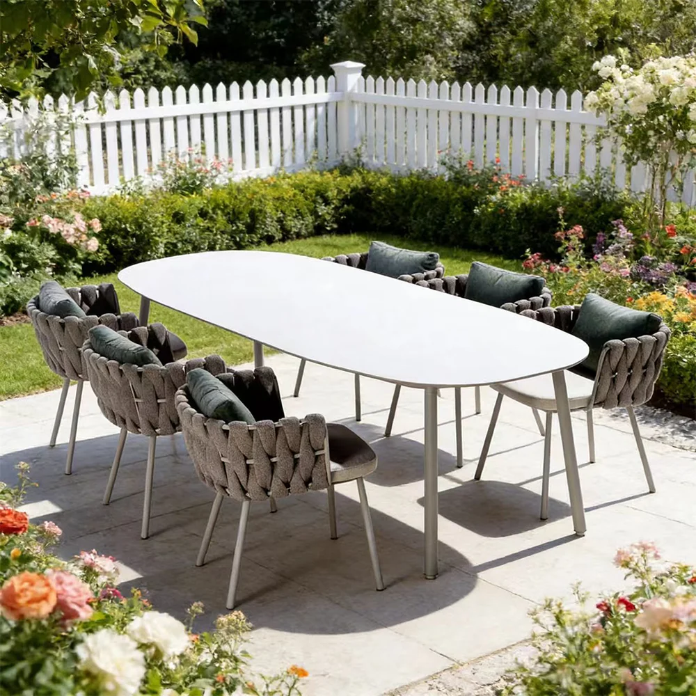 S*-Luxury Modern Hotel Rope Woven Dining Chair Set Aluminum Frame Sintered Stone Waterproof Garden Furniture