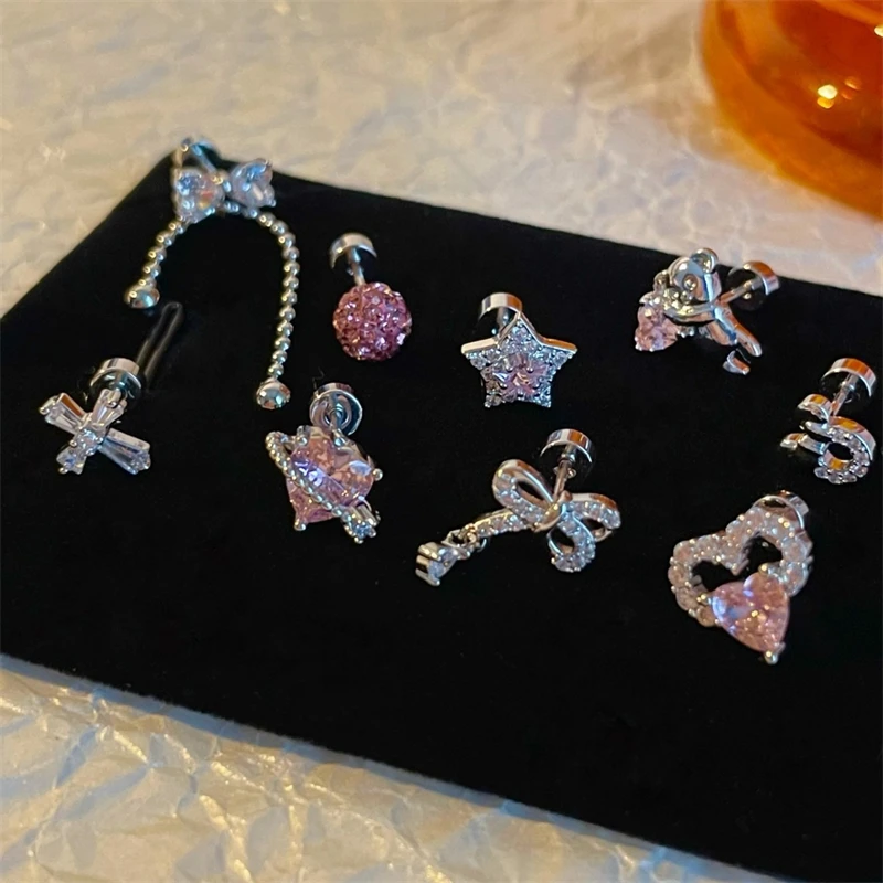 1 Pcs Cute Pink Zircon Bear Cross Love Heart 316L Stainless Steel Ear Bone Nail for Women Small Earrings Jewelry Birthday Gift