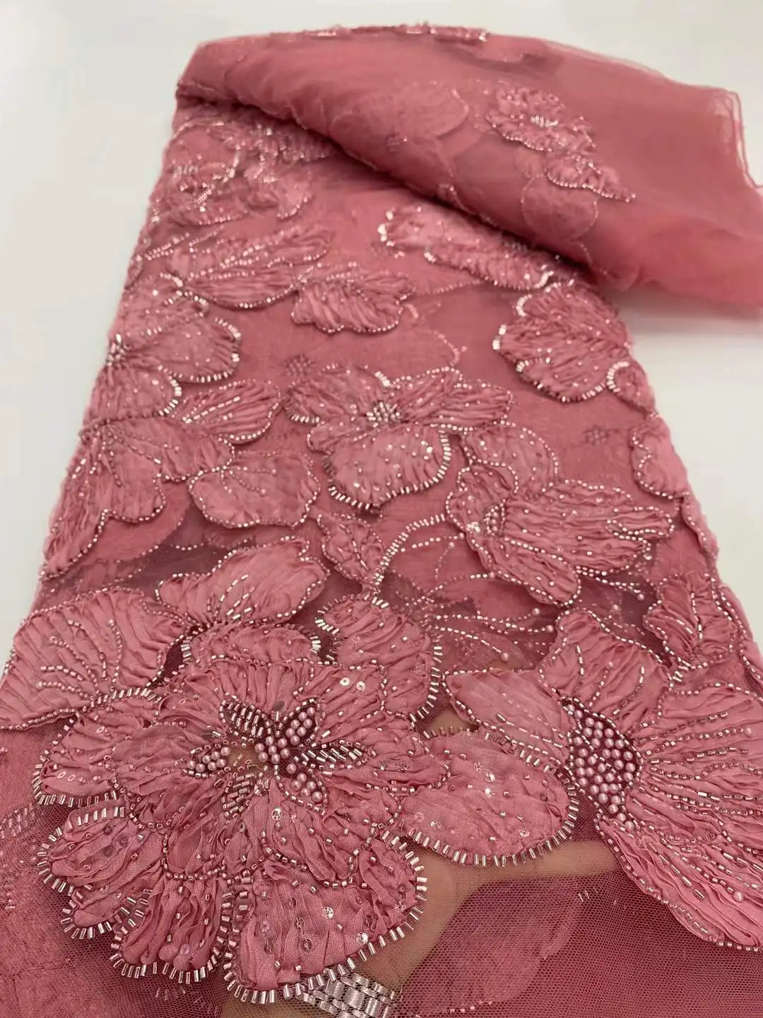 5 Yards Luxus Afrikanische Spitze Tüll Stoff 2025, Französisch 3D Blume Gestickte Perlen Pailletten