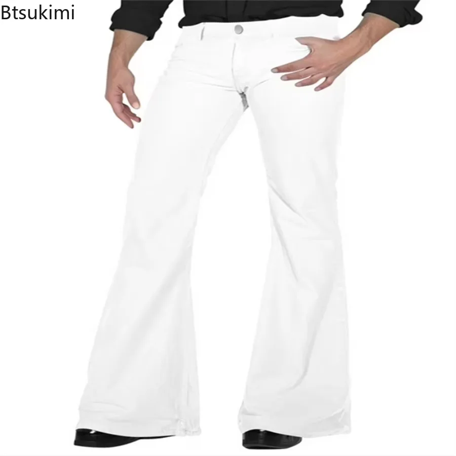 2025 Fashion Men's Vintage Disco Flared Pants Solid Stretch Slim Fit Trousers Hippie Style Casual Wide Leg Pants Male Streetwear