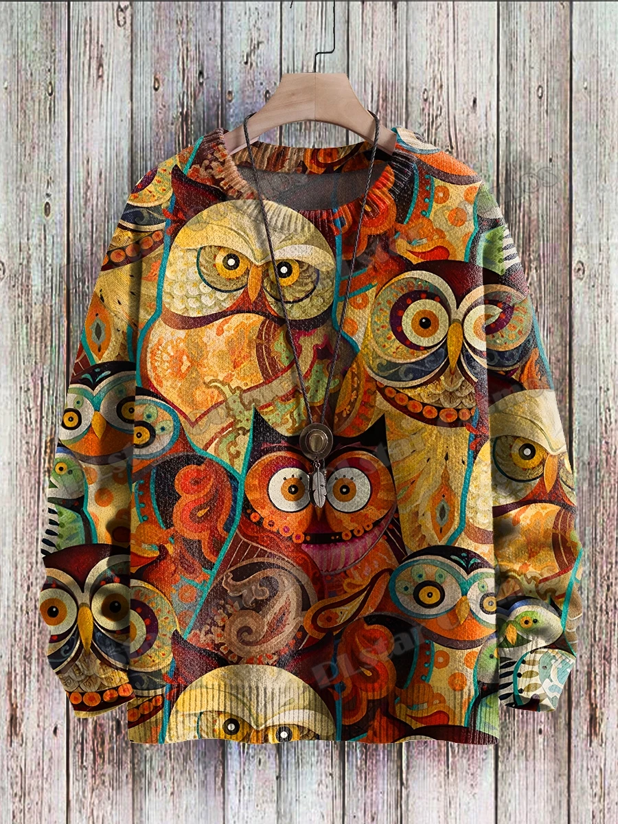 Retro Owl Art Pattern & Halloween Pumpkin 3D Printed Men's Knitted Pullover Winter Unisex Casual Knit Pullover Sweater ZZM97