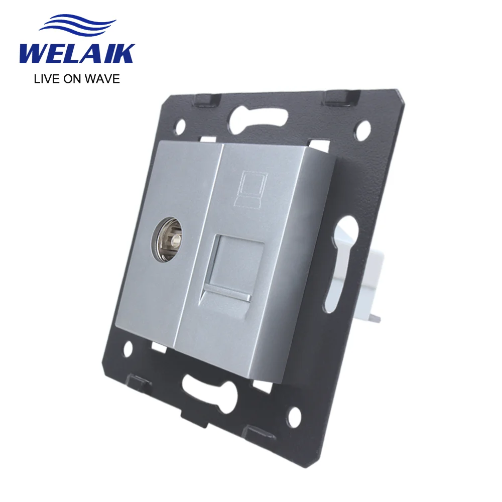 WELAIK EU Gray 45*45mm TV Computer Wall Power Socket Outlet Tempering Glass Panel DIY Parts Module Gather Zone