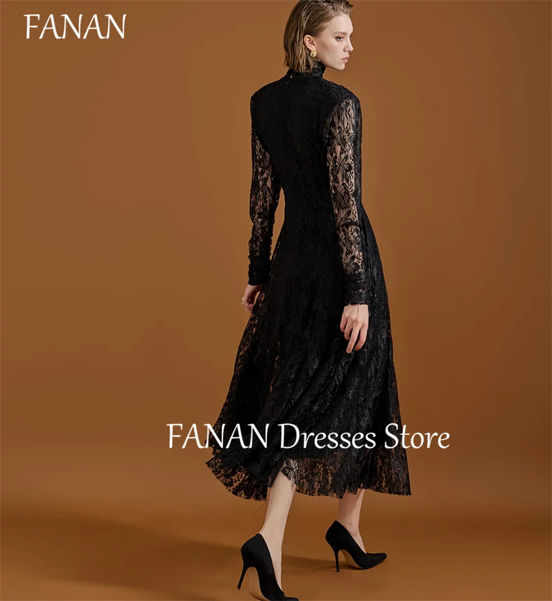 FANAN High Neck Lace Black Fashion Evening Party Dresses Long Sleeves Japan A-Line Vintage Women Formal Gowns Event Prom Gowns