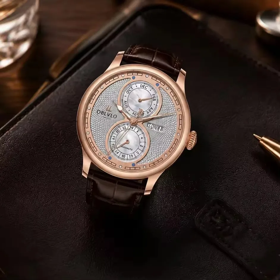 OBLVLO Men's Automatic Mechanical Watch Luxury Rose Gold White Dial Leather Band Complete Calendar Classic Fashion Dress Watch