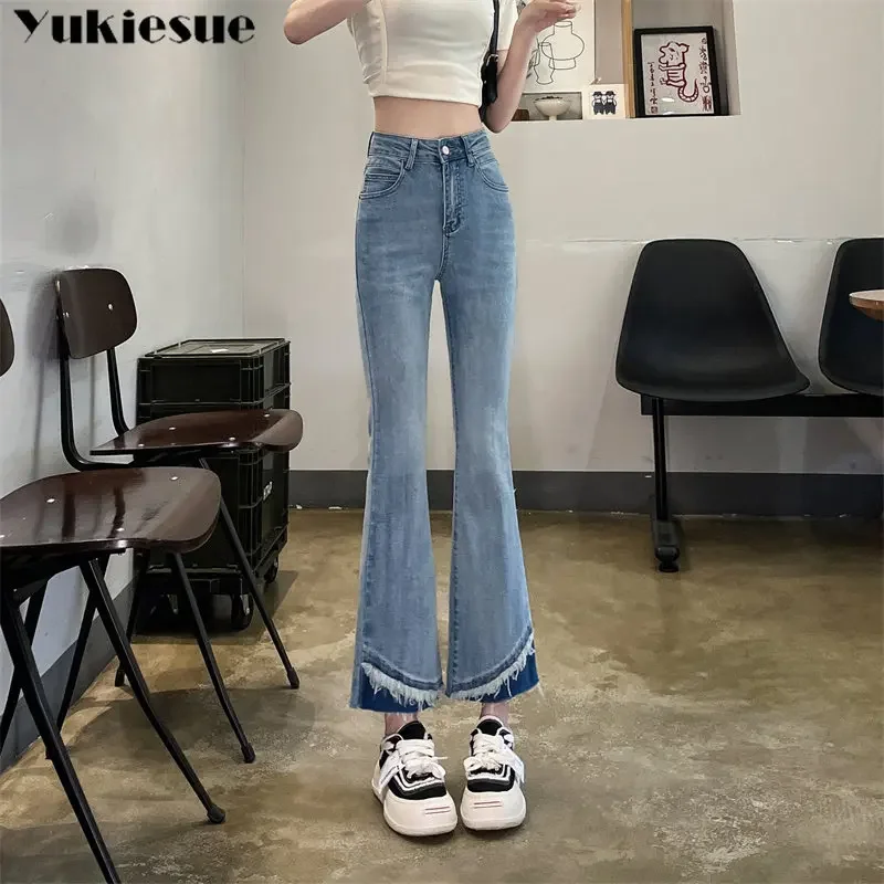 

Новые расклешенные джинсы с высокой талией в стиле ретро Y2K Aesthetics, женские облегающие джинсовые брюки High Street, эластичные джинсовые брюки, повседневные