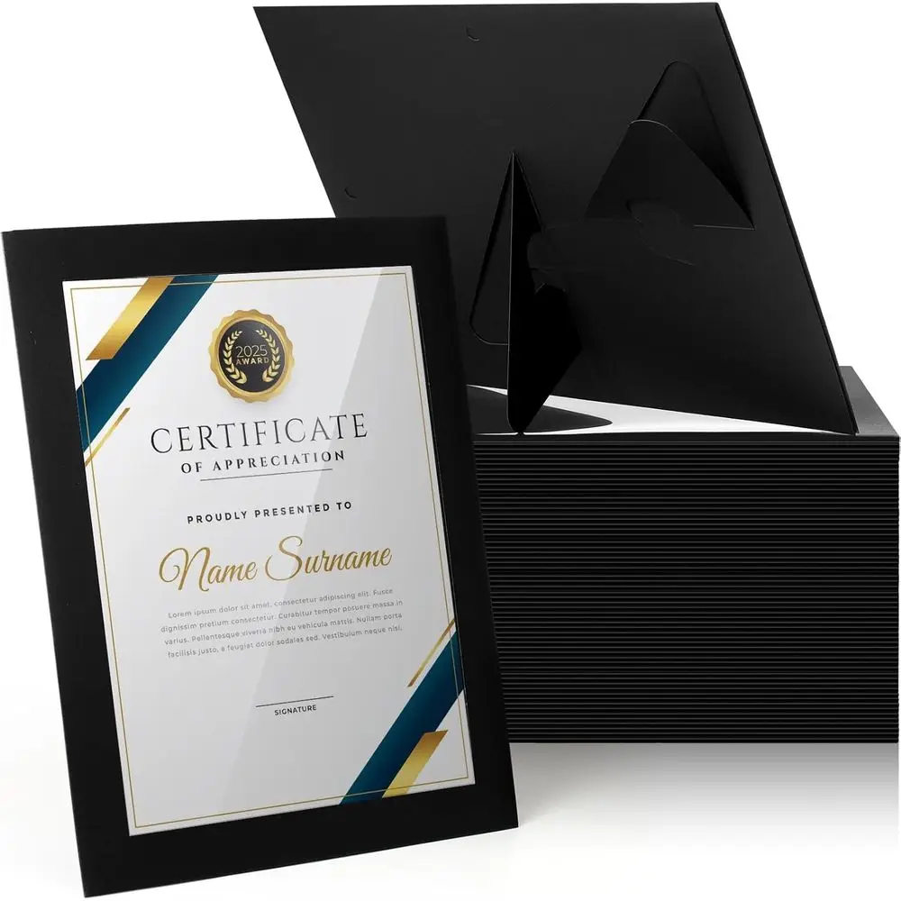 

Horizontal 8.5 x 11 Certificate Holders with Easel, 50 Pack, Black for Wall Display of Diplomas and Awards