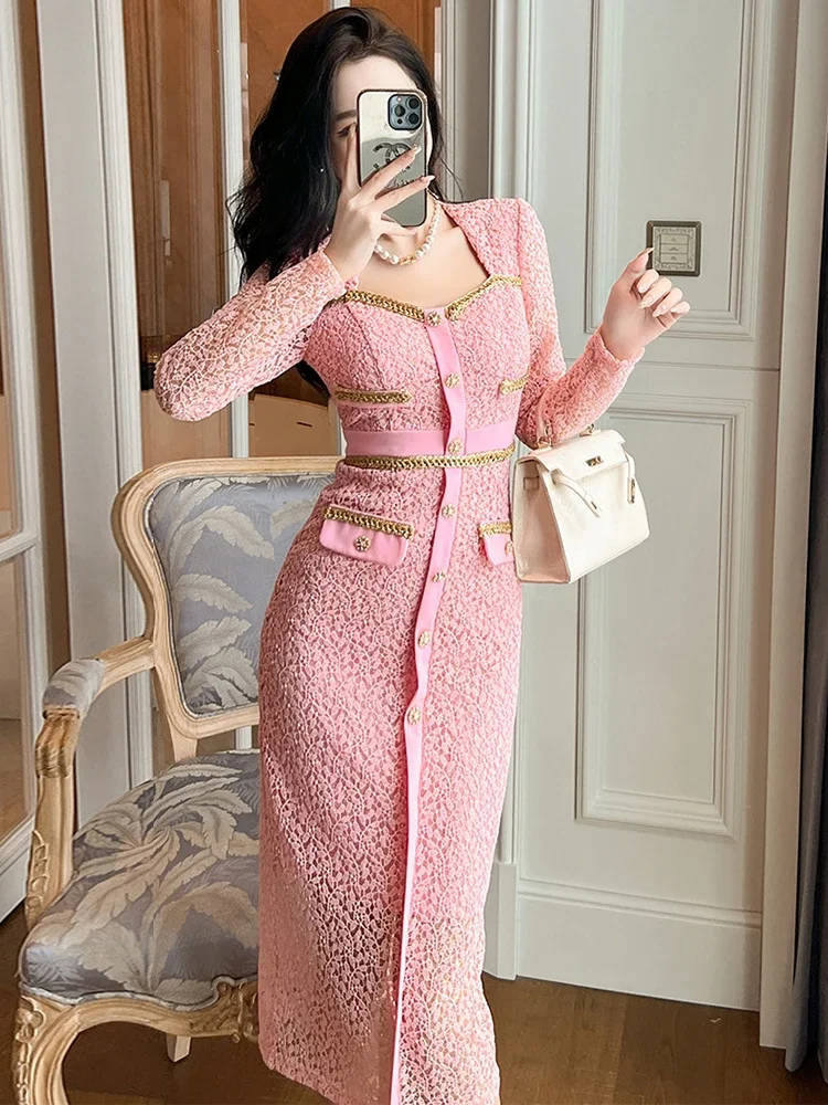 

New Fashion Lace Pink Golden Shiny Silk Dresses For Women Mujer Ladies Elegant Luxury Sweet Square Collar Slim Dress Robe Femme