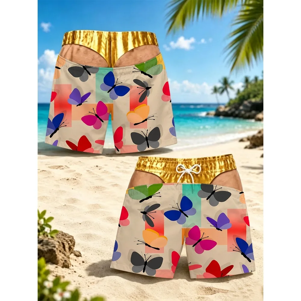 Novelty Fake Innerwear Printed Mens Beach Shorts Bright Color Butterfly Graphic Drawstring Quick Dry Swim Shorts for Vacation