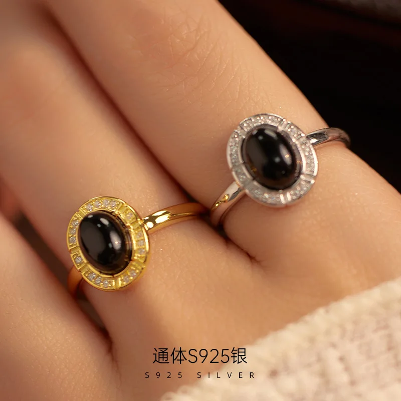 S925 Silver European And American Retro Black Agate High-end Feeling Oval Index Finger Ring Light Luxury Design Ring For Wo